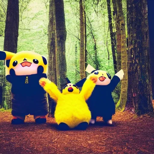 Image similar to photograph of a group of people worshipping a giant!!!, fluffy!!!, chubby!!!, pikachu in a forest, ultra realistic!!!, spring time, slight overcast weather, ( golden hour ), sharp focus