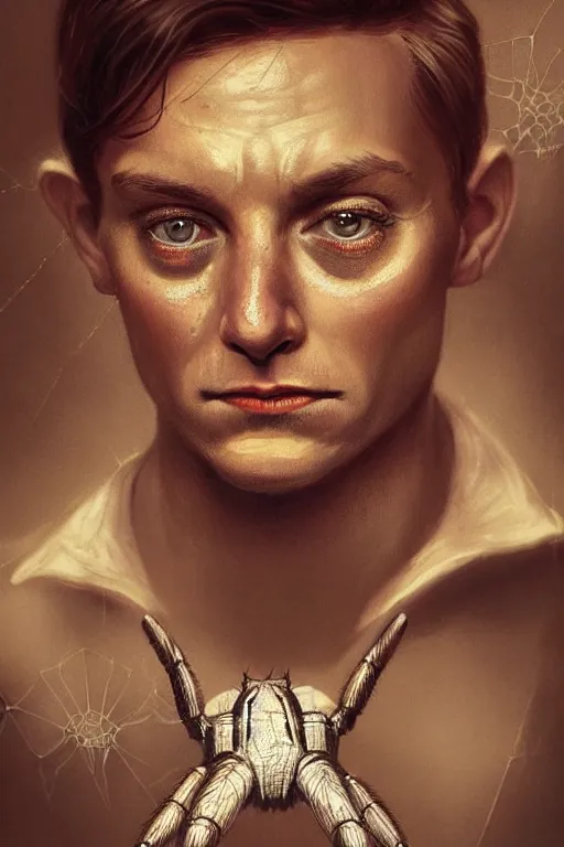 Image similar to a beautiful ultradetailed vintage photo of a toby maguire as spider man crying, by tom bagshaw and anna dittman, portrait, 2 4 mm lens, golden ratio composition, detailed face, studio photography, very detailed, humanoids, industrial robots, artstation, 8 k, highly coherent