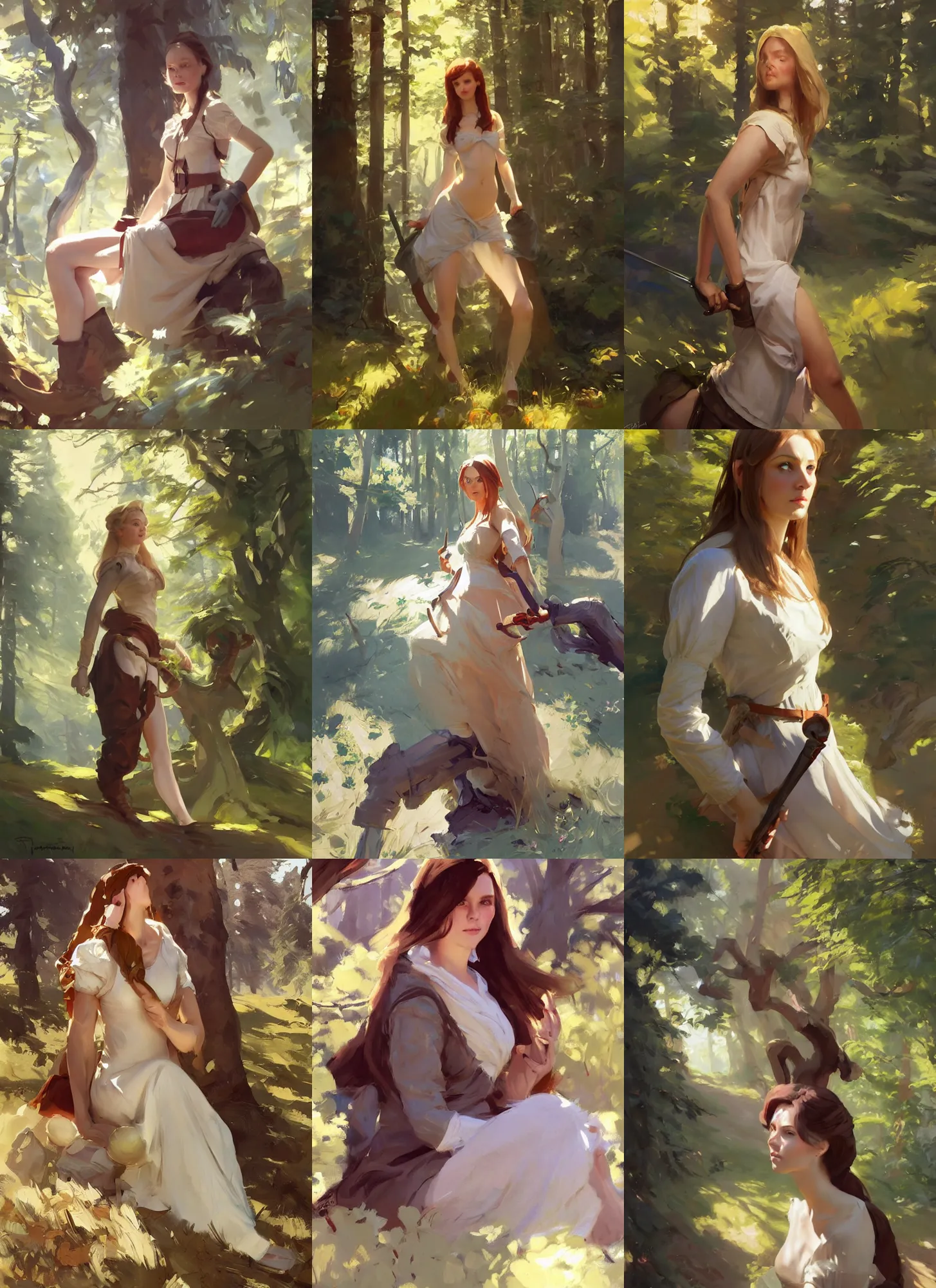 Prompt: portrait of a beautiful finnish norwegian swedish attractive maiden in the woods in a sunny day, jodhpurs greg manchess painting by sargent and leyendecker, studio ghibli fantasy medium shot asymmetrical intricate elegant matte painting illustration hearthstone, by greg rutkowski by greg tocchini by james gilleard