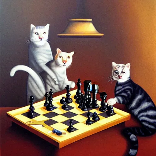 Prompt: cats playing chess, surreal oil painting