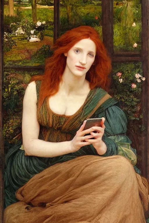 Prompt: a pre raphaelite painting of jessica chastain lazily looking at her iphone by dante gabriel rossett