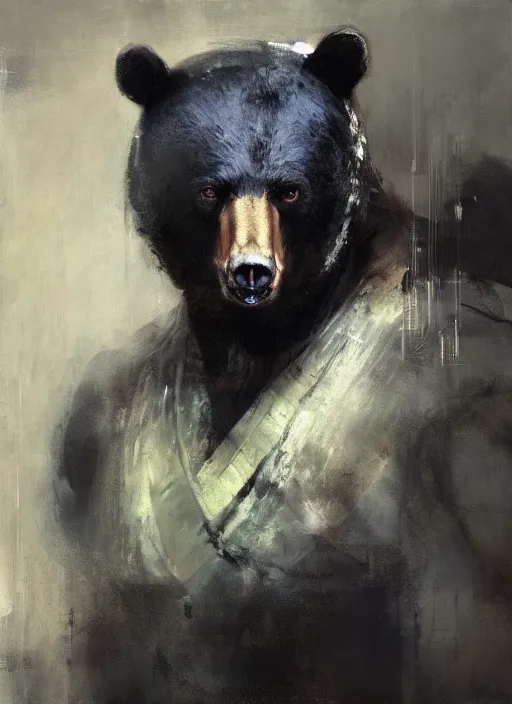Prompt: portrait painting of anthropomorphic black bear samurai by jeremy mann, only one head single portrait