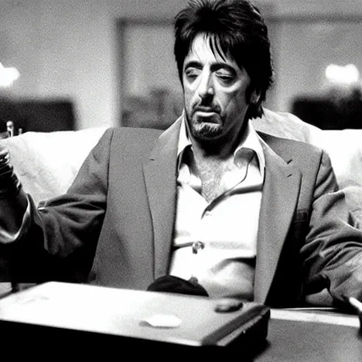 Image similar to al pacino as scarface playing video games at his desk, with a mountain of cocaine nearby