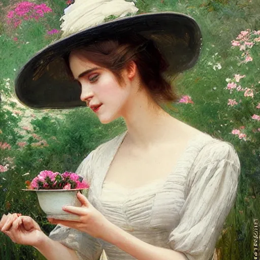 Image similar to thick paint brush strokes full body fashion model emma watson by Jeremy Lipking by Hasui Kawase by Richard Schmid (((smokey eyes makeup eye shadow fantasy, glow, shimmer as victorian woman in a long white frilly lace dress and a large white hat having tea in a sunroom filled with flowers, roses and lush fern flowers ,intricate, night, highly detailed, dramatic lighting))) , high quality