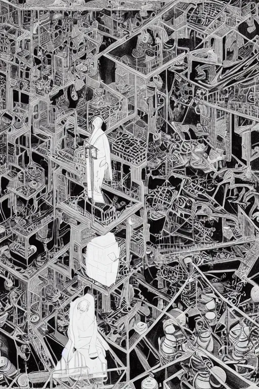 Image similar to portrait of a void engineer woman setting up samsara generator by mc escher and brecht evens