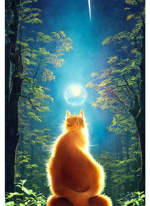 Image similar to a hyper realistic ink cat and the meaning of life and sunbeams blue sky, lush forest poster art by chiara bautista and kim jung giu and norman rockwell and greg rutkowski weta studio, and lucasfilm