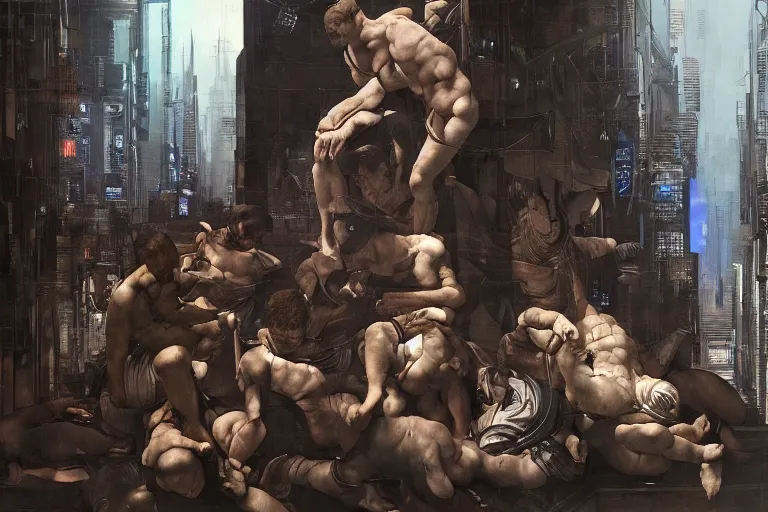 Prompt: Very Highly Detailed Elimination of humanity, very highly detailed face's and body's. Digital concept art by Caravaggio, Details by Michelangelo, cyan dimensional light, , Cyberpunk city as Background by Hiromasa Ogura