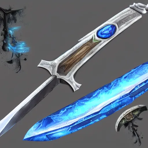 Prompt: a sword with its blade made of water and a silver handle with a blue gem on it, illustration, digital art, extremely detailed, realistic, trending on artstation