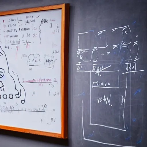 Prompt: Schrödinger's cat studying quantum physics, with a whiteboard with equations in the background