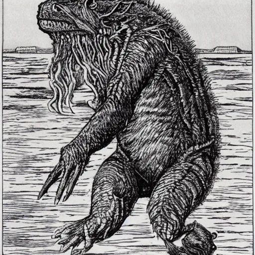 Image similar to a montauk monster as a D&D monster, full body, pen-and-ink illustration, etching, by Russ Nicholson, DAvid A Trampier, larry elmore, 1981, HQ scan, intricate details, Monster Manula, Fiend Folio