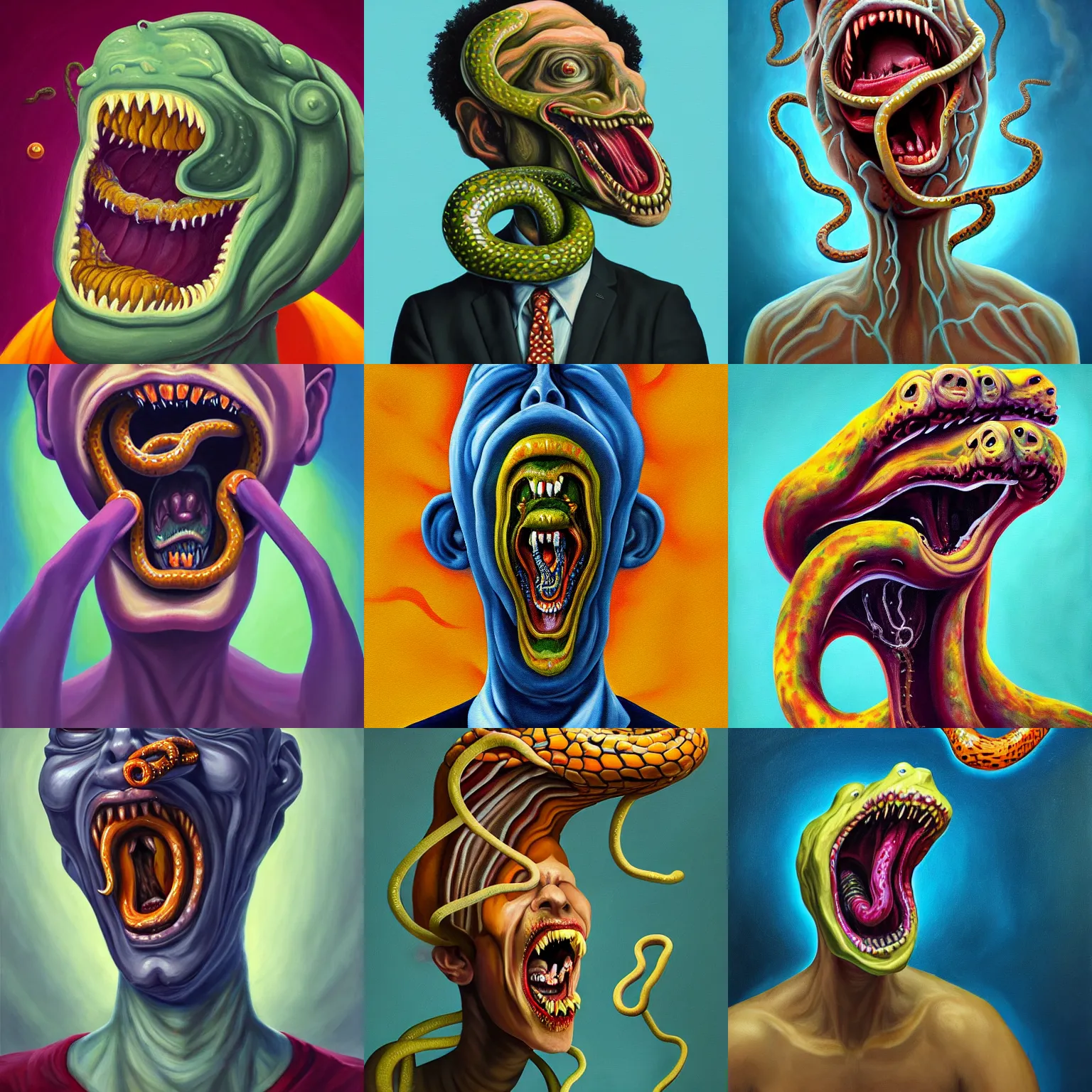 Prompt: a painting of a disembodied screaming man's face with snakes coming out of his mouth, a surrealist painting, polycount, behance, surrealism, surrealist, lovecraftian, cosmic horror, grotesque