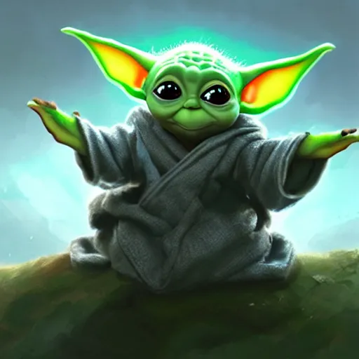 Prompt: A cute baby yoda smiling whilst holding his cute pet, art by Andreas Rocha and greg rutkowski, highly detailed, digital painting, matte painting, concept art, illustration, warm lighting, trending on artstation, very detailed