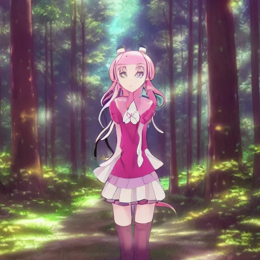 Image similar to an anime mahou shoujo lost in the woods cinematic anime film , exquisite line art, Depth of field, high fidelity, smooth rendering, 4k, hd, Professional anime artist