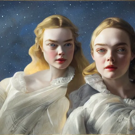 Prompt: leyendecker and peter paul rubens, head and shoulders portrait of a elle fanning in the world of andrew wyeth, nighttime, starry sky, unreal engine, fantasy art by global illumination, radiant light, detailed and intricate environment