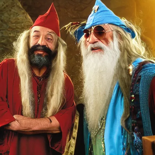 Image similar to Cheech & Chong as Dumbledore and Gandalf, Full-Wizard smock and hat, wizard's chain-necklace and spell scepter