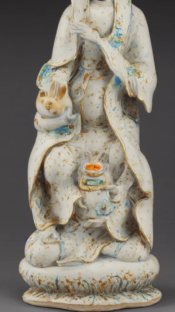 Image similar to a porcelain buddhism rabbit statue with a kiseru painted by john singer sargent