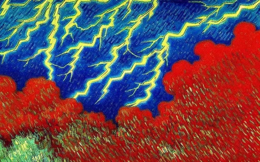 Prompt: lightning strikes a close up of a dark cloud with a cloudy sky blue and red and green colors high detailed by van gogh