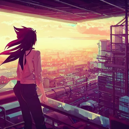 Prompt: android mechanical cyborg anime girl overlooking overcrowded urban dystopia. long flowing soft hair. scaffolding. pastel pink clouds baby blue sky. gigantic future city. raining. makoto shinkai. wide angle. distant shot. polygonal. High contrast. Heavy highlights. sunset. dark and dreary vibe.