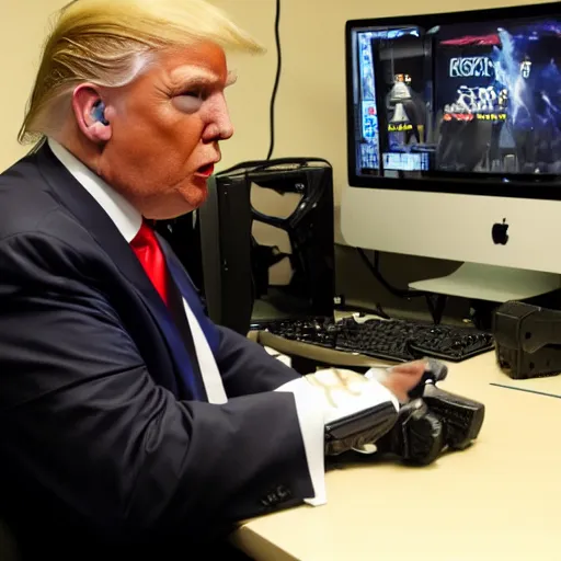 Prompt: Donald Trump with gaming headset sitting at a desk with gaming gear and an RGB PC