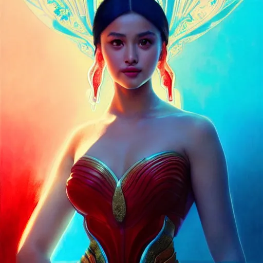 Prompt: liza soberano as darna, volumetric lights, red and cyan theme, art nouveau botanicals, intricate, highly detailed, digital painting, artstation, concept art, smooth, sharp focus, cinematic, illustration, beautiful face, art by artgerm and greg rutkowski and alphonse mucha