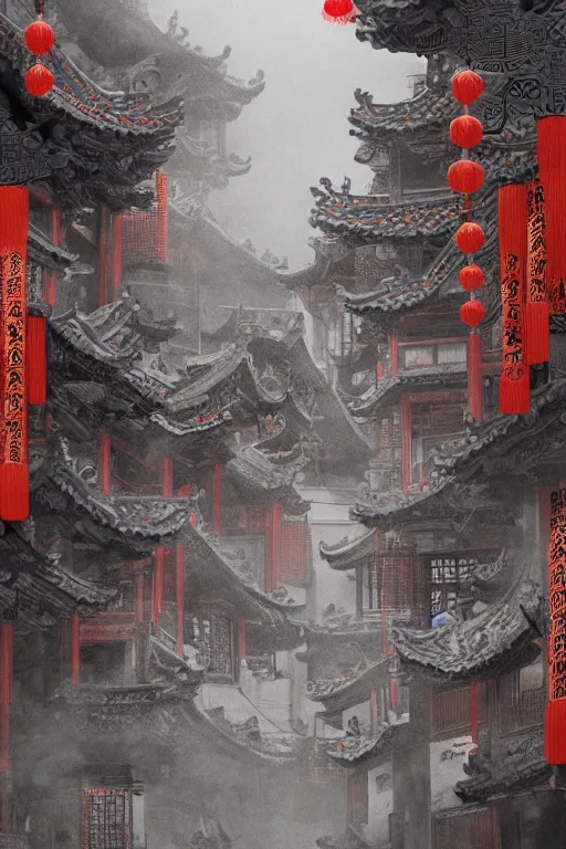 Image similar to on the night of the chinese new year's day, many chinese ghosts wander in the ancient chinese streets. the guiding line composition method, the tindal effect, the soft light, the cool color, by wu jinyuan, trending on artstation