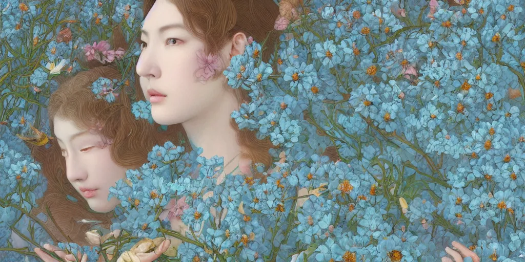 Image similar to breathtaking detailed concept art painting of goddesses of light blue flowers with anxious piercing eyes and background pattern blend of flowers and fruits and birds, by hsiao - ron cheng and beto val and john james audubon, bizarre compositions, exquisite detail, extremely moody lighting, 8 k