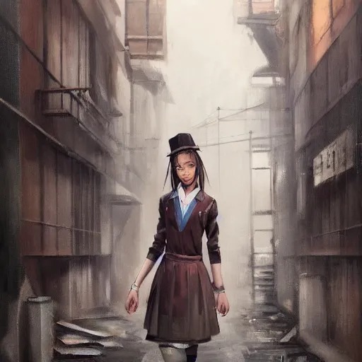 Image similar to a perfect, realistic professional oil painting of a Japanese schoolgirl posing in a dystopian alleyway, style of Marvel, full length, by a professional American senior artist on ArtStation, a high-quality hollywood-style concept