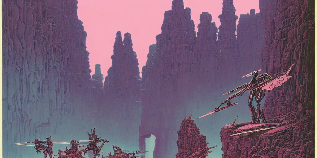 Image similar to grainy risograph matte painting of exotic animals on tall legs, gigantic huge mech with huge swords, pastel matte colors, staying in the toxic canyon, by moebius, hyperrealism, intricate detailed
