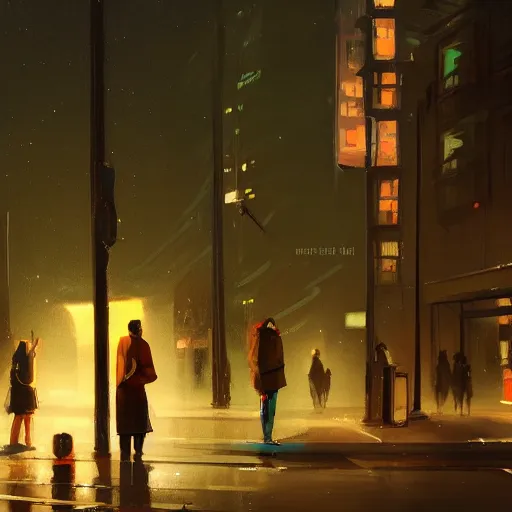 Image similar to a some people waiting in a lone bus stop in quiet dark city night, high quality, high resolution,detailed, digital painting, artstation, concept art, sharp focus, illustration, in style of GUWEIZ and WLOP and NIXEU and Craig Mullins