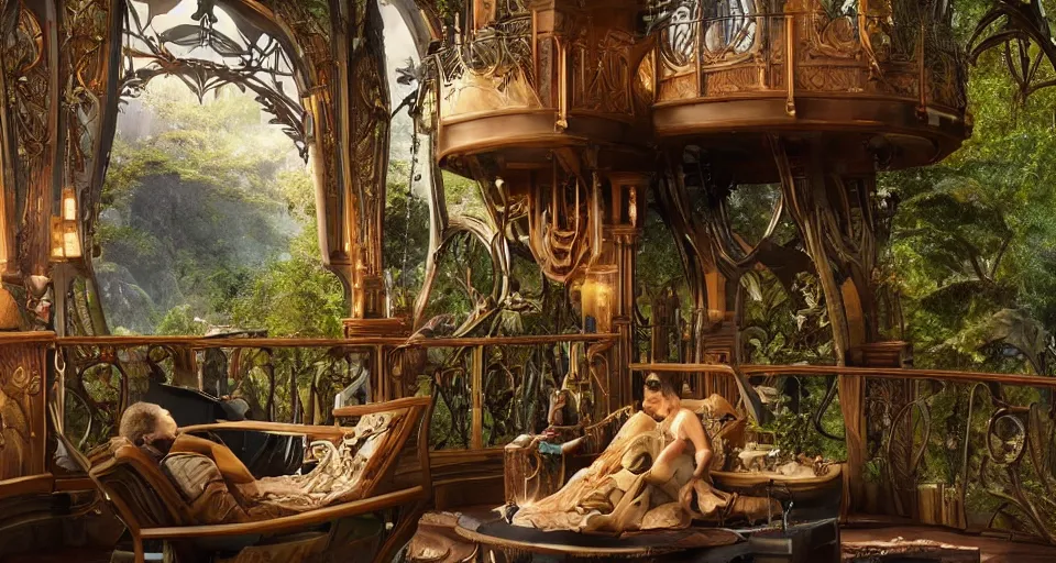 Image similar to An incredibly beautiful scene from a 2022 Marvel film featuring a cozy art nouveau reading nook balcony in a fantasy treehouse interior. 8K UHD.