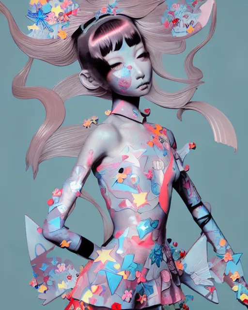 Image similar to james jean isolated vinyl figure harajuku magical girl character design, figure photography, dynamic pose, holographic undertones, motion shapes color design, glitter accents on figure, anime stylized, sharp focus, accurate fictional proportions, high delicate defined details, ethereal lighting