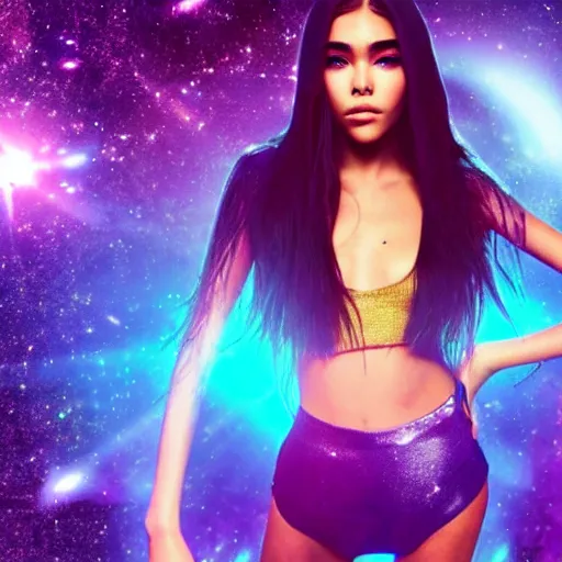 Image similar to madison beer a an intergalactic popstar dancing on a planet, render, blender render, unity render, 4 k wallpaper, art station trending, artstation 4 k coherent, coherent, 4 k, detailed, hyperdetailed, artifact - free, completely coherent, sharp, madison beer