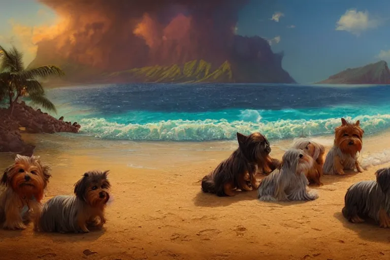Prompt: an intricate colorful matte painting of a herd of yorkshire terrier puppies relaxing on hawaii, by Christophe Vacher and Bastien Lecouffe-Deharme, trending on artstation
