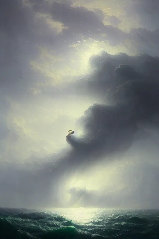 Image similar to Intricate stunning highly detailed water deity emerging from a stormy ocean by Ivan Aivazovsky, Greg Rutkowski , surreal, digital painting, ultra realistic, beautiful lighting, full moon, thick swirling tornado, artstation