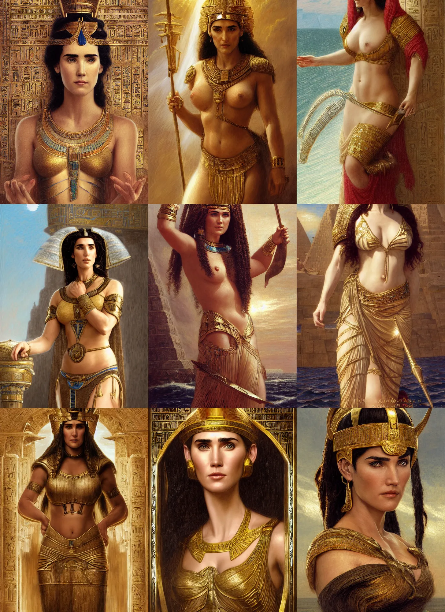 Prompt: Jennifer connelly as ancient egyptian female queen , on ship, sea, intricate, elegant, highly detailed, digital painting, artstation, concept art, smooth, sharp focus, illustration, orientalism, edwin long, theodore ralli, aleksi briclot, rutkowski, bouguereau