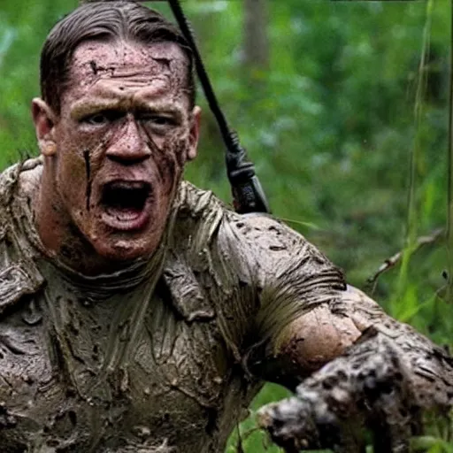 Image similar to film still of john cena as major dutch, covered in mud, hiding from the predator in swamp scene in 1 9 8 7 movie predator, hd, 8 k