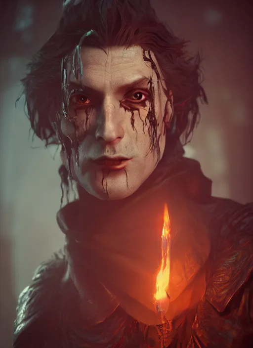 Prompt: A mixed media portrait painting of a fantasy vampire as a Sorcerer in a atmospheric dark fortress, unreal 5, DAZ, hyperrealistic, octane render, RPG portrait, ambient light, dynamic lighting