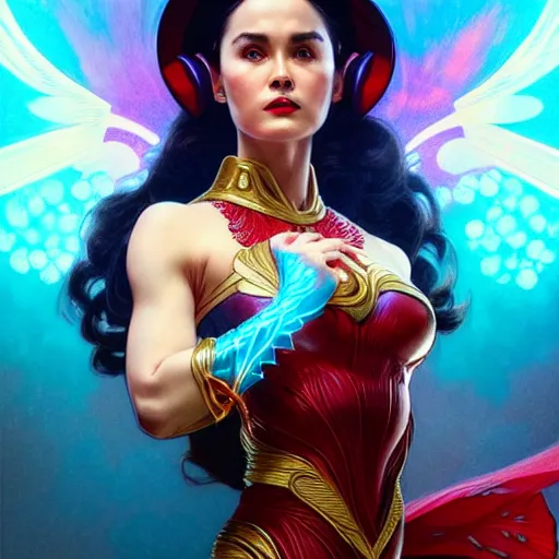 Image similar to kristine hermosa as darna, volumetric lights, red and cyan theme, art nouveau botanicals, intricate, highly detailed, digital painting, artstation, concept art, smooth, sharp focus, cinematic, illustration, beautiful face, art by artgerm and greg rutkowski and alphonse mucha