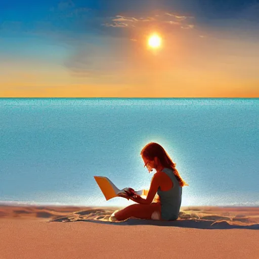 Image similar to girl reading a book, beach, golden hour, sun in frame, wavy water, digital art