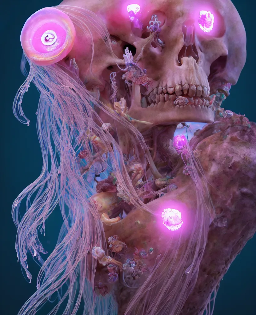 Image similar to goddess close-up portrait human skeleton, ram skull, jellyfish, orchid, betta fish, bioluminiscent, intricate artwork by Tooth Wu and wlop and beeple. octane render, trending on artstation, greg rutkowski very coherent symmetrical artwork. cinematic, hyper realism, high detail, octane render, 8k