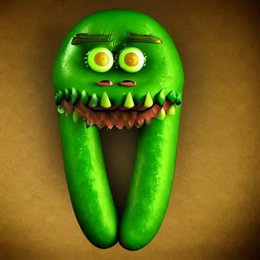 Image similar to Green Sausage with eyes and fangs, fine details, concept art