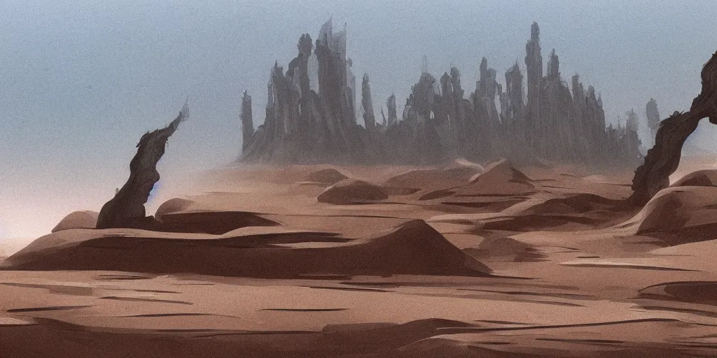 Prompt: dune but there are trees and water like an oasis, city and temples of arrakis, arrakeen, arab ar architectural and brutalism and gigantism, from frank herbert novels, composition idea concept art for movies, style of denis villeneuve and greg fraiser