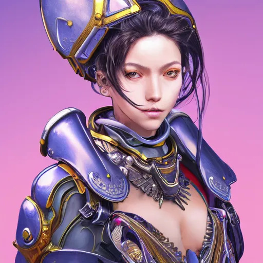 Image similar to studio portrait of lawful good colorful female holy mecha paladin absurdly beautiful, elegant, young sensual graceful woman, ultrafine hyperrealistic detailed face illustration by kim jung gi, irakli nadar, intricate linework, sharp focus, bright colors, matte, octopath traveler, final fantasy, unreal engine highly rendered, global illumination, radiant light, intricate environment