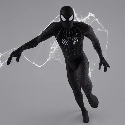 Image similar to black spider - man suit with white web lining, cinematic, volumetric lighting, realistic, hyperdetailed, photorealistic, photograph