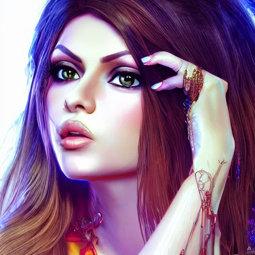 Image similar to portait sensual female haifa wehbe, centred, very long hair, hd, hyperdetailed illustration by irakli nadar, intricate linework, bright colors, octopath traveler, final fantasy, unreal engine 5 highly rendered, global illumination, radiant light