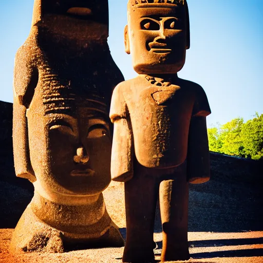 Prompt: a very disgusted and crying kid holding and looking an ice cream cone with a small moai statue in the cone, 4 k photograph