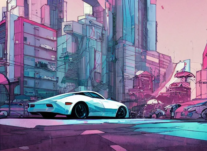 Image similar to a sport car in a city, sharp focus. cinematic pose, cinematic lighting, art by josan gonzales and moebius and deathburger.