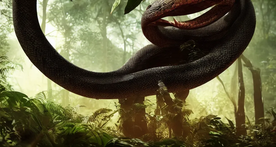 Image similar to closeup portrait of a giant snake in a jungle environment, dramatic lighting, cinematic, octane render, cgsociety, artstation, 4k