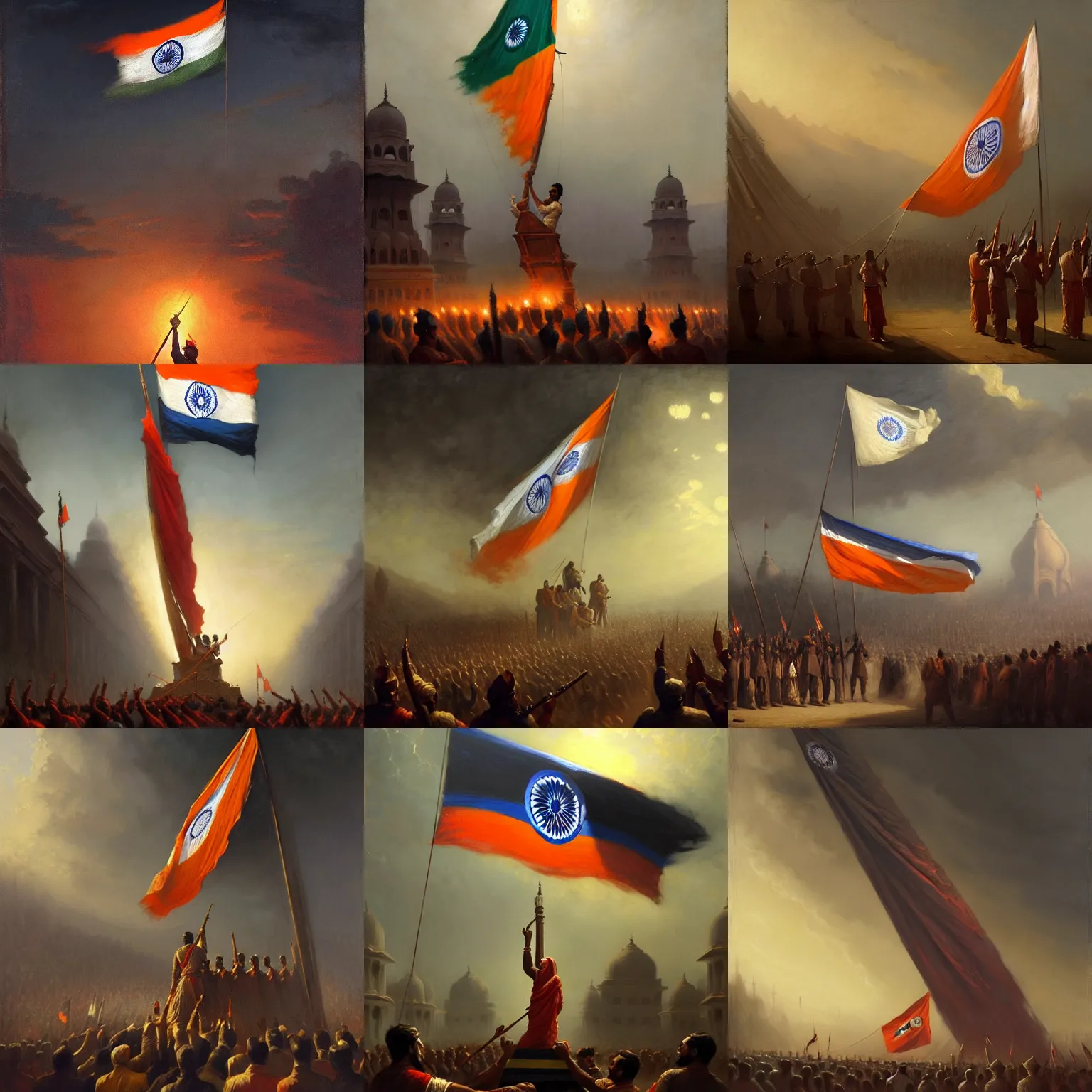 Prompt: a cinematic dramatic scene of indian freedom fighters hoisting a colossal indian flag. oil on canvas, by carl gustav carus, by greg rutkowski, trending on artstation, featured on pixiv, masterpiece, cinematic composition, brilliant lighting, highly detailed, hd, 8 k