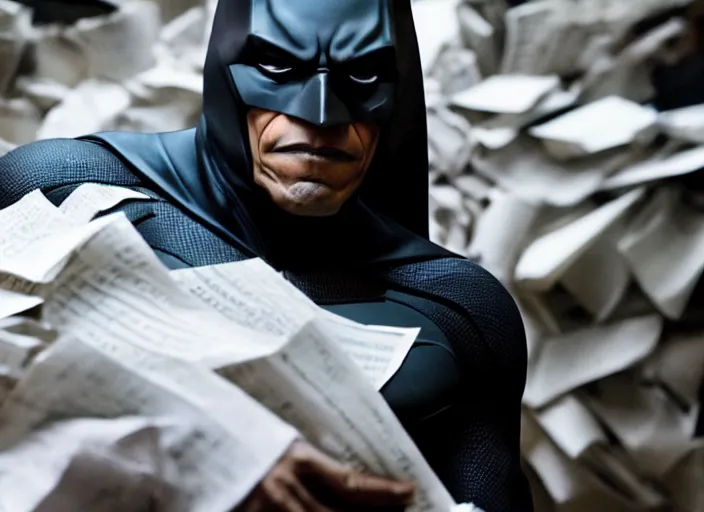 Image similar to obama nervously standing by a mountain of papers, film still in the new batman movie, 4 k